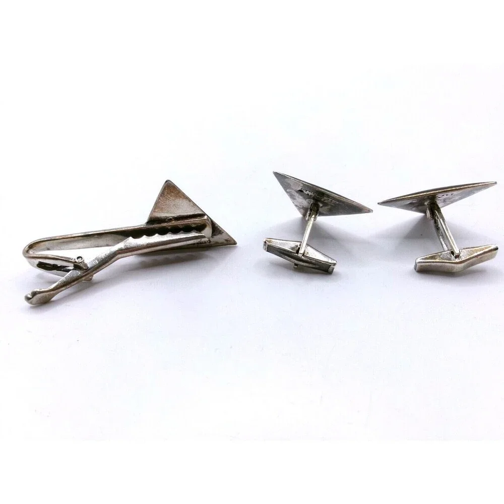 Vintage SIAM Sterling Cufflinks & Tie Clip Bali Dancer Black & Silver Triangles